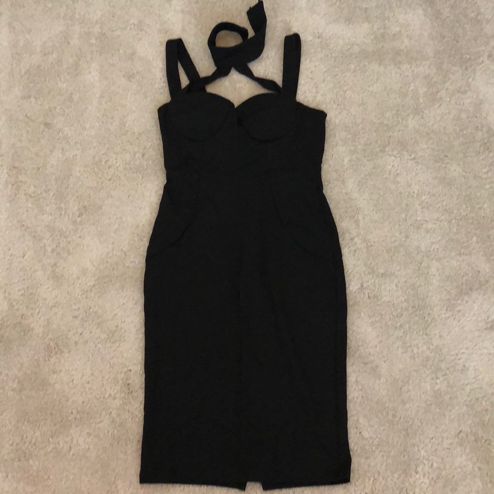 Black midi dress with attached neck piece. Size L